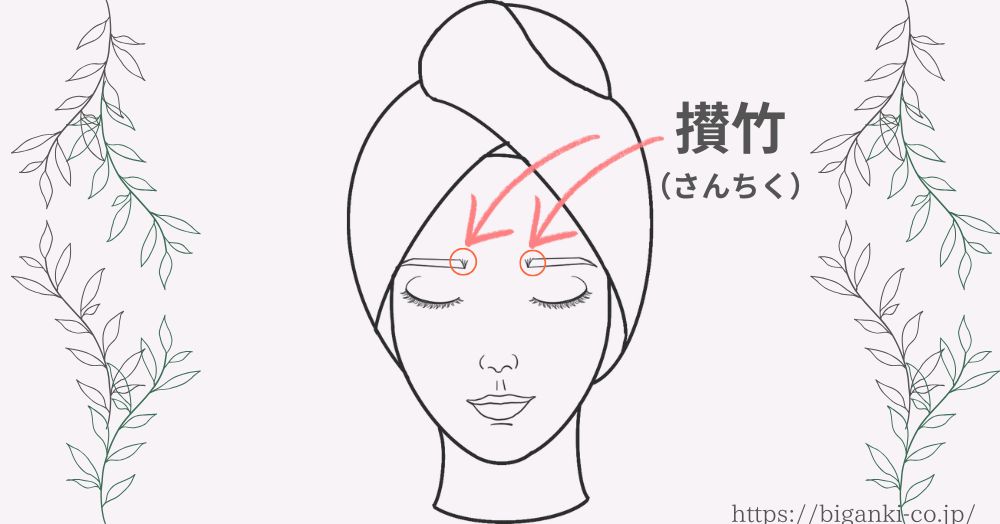 眉間のしわを消すツボ押しマッサージ法の2つ目は、攅竹（さんちく）眉頭のくぼみです。